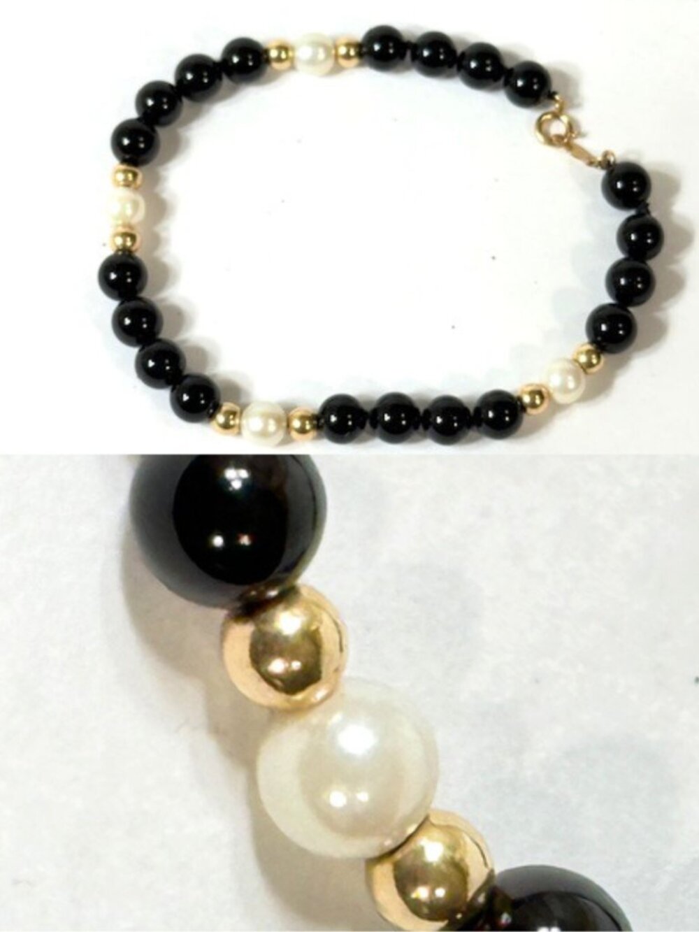 14K gold, pearl and black onyx 7" bracelet.